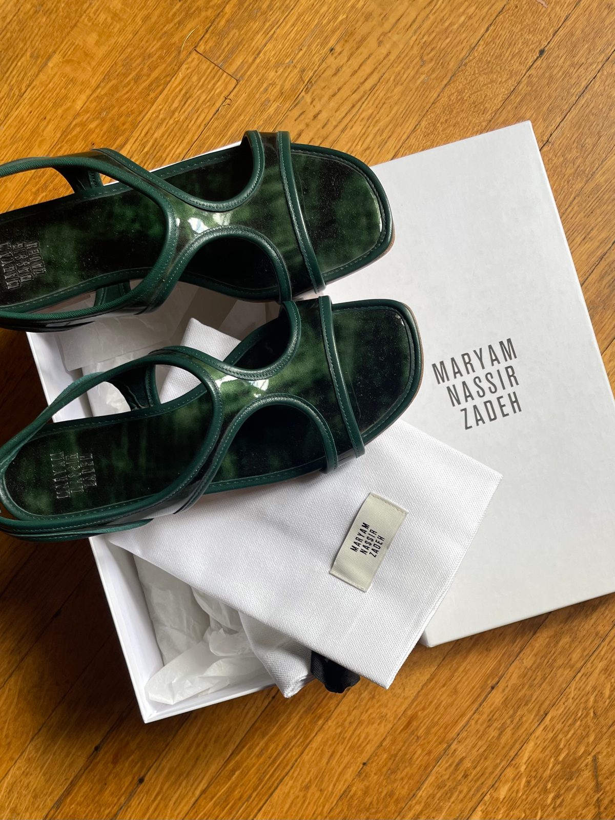 Maryam Nassir Zadeh Corazon sandals in patent olive… Noihsaf Bazaar