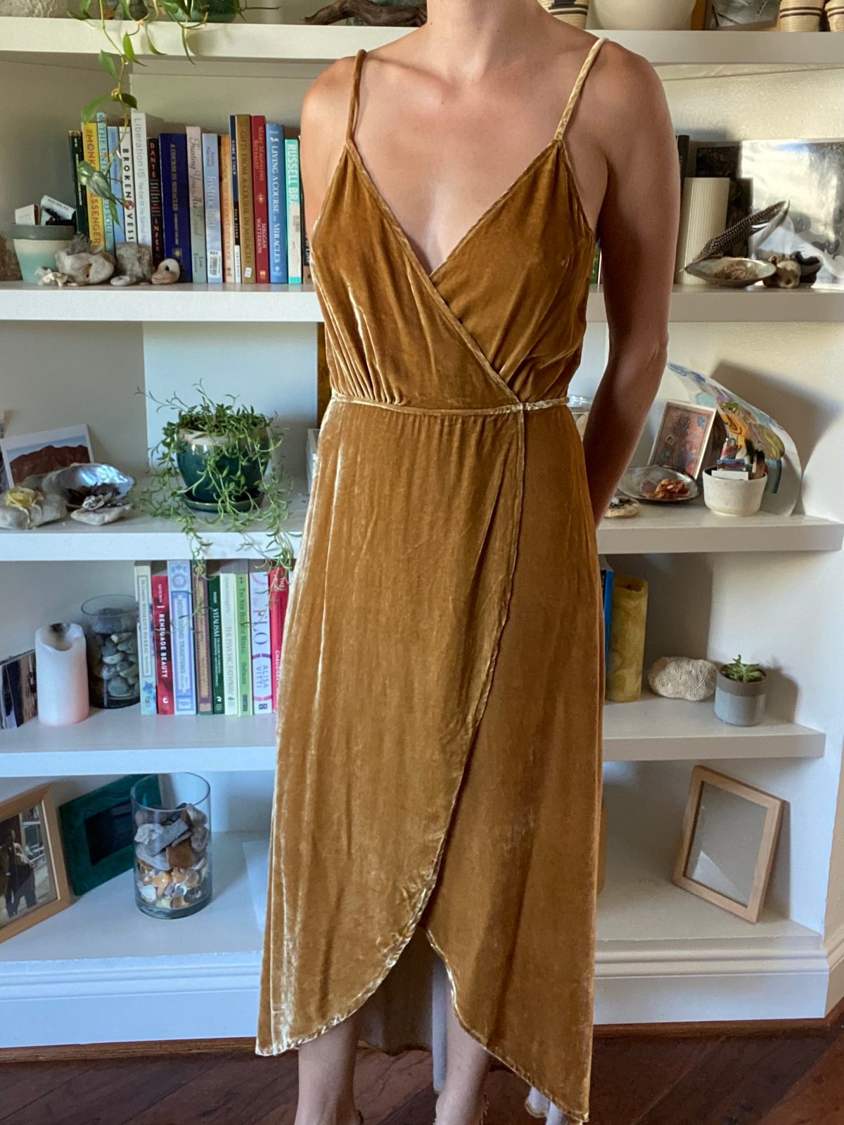 Reformation Gold Velvet Wrap Dress XS Used Noihsaf Bazaar