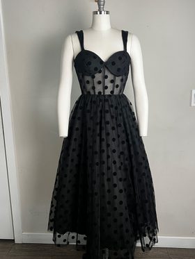 polka dot net bustier a line midi dress Polka Dot Bustier Sweetheart Midi Dress