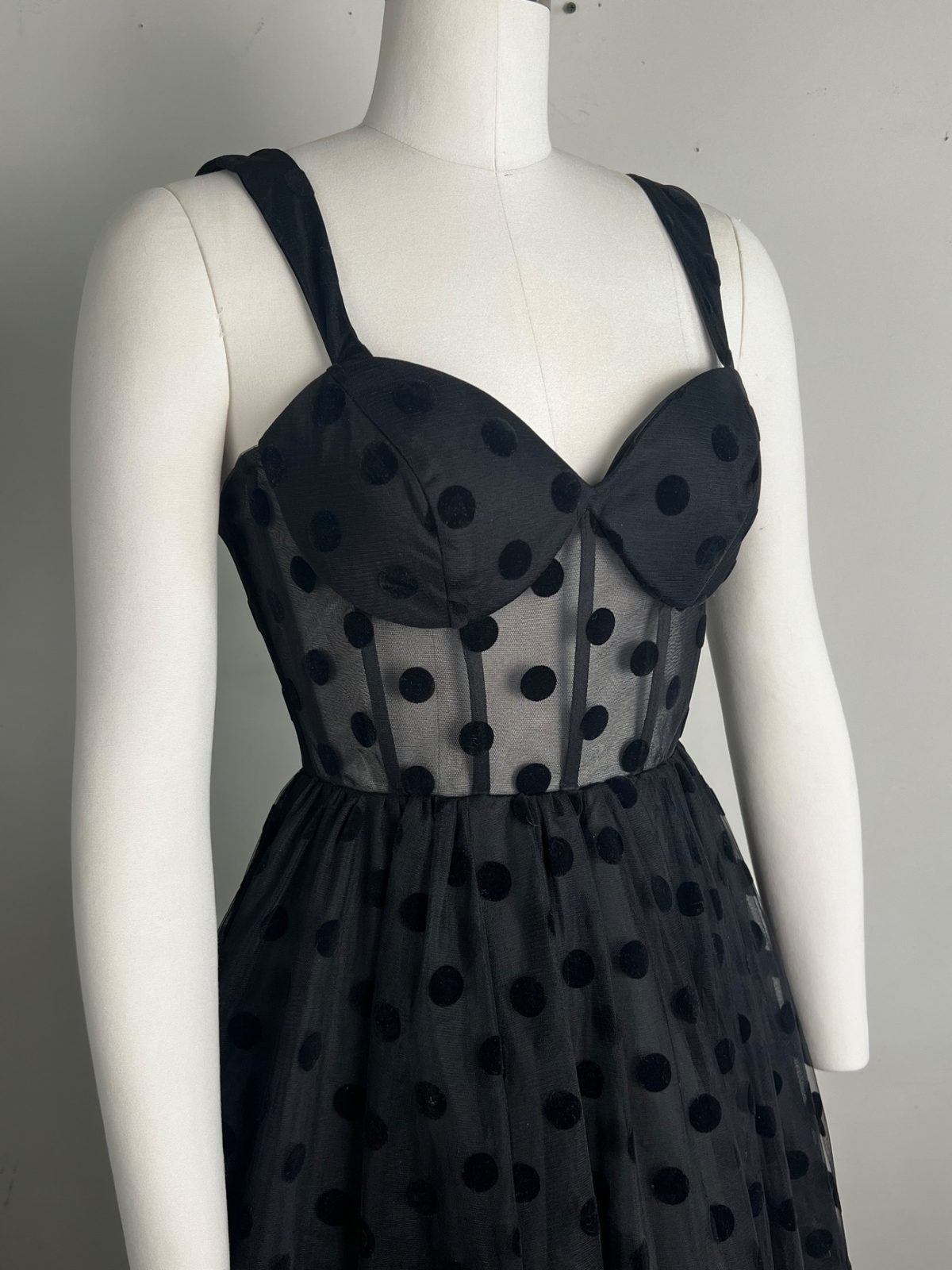 Mac Duggal Polka Dot Net Bustier A-Line Midi Dress | Noihsaf Bazaar Mac Duggal Polka Dot Net Bustier A-Line Midi Dress | Noihsaf Bazaar